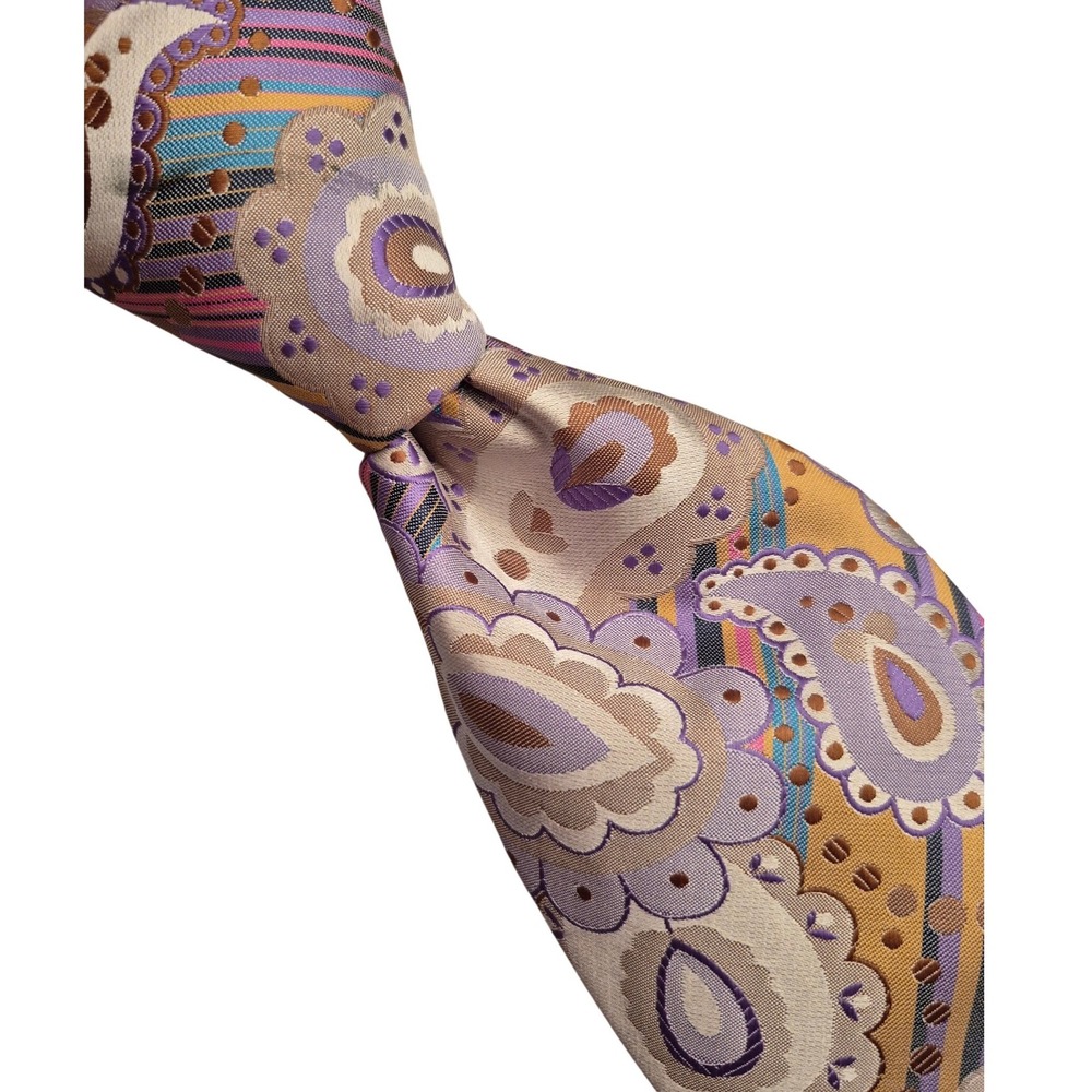 Verse 9 Haute Couture Mens Silk Tie Purple Gold Paisley Striped‎ Made in Italy